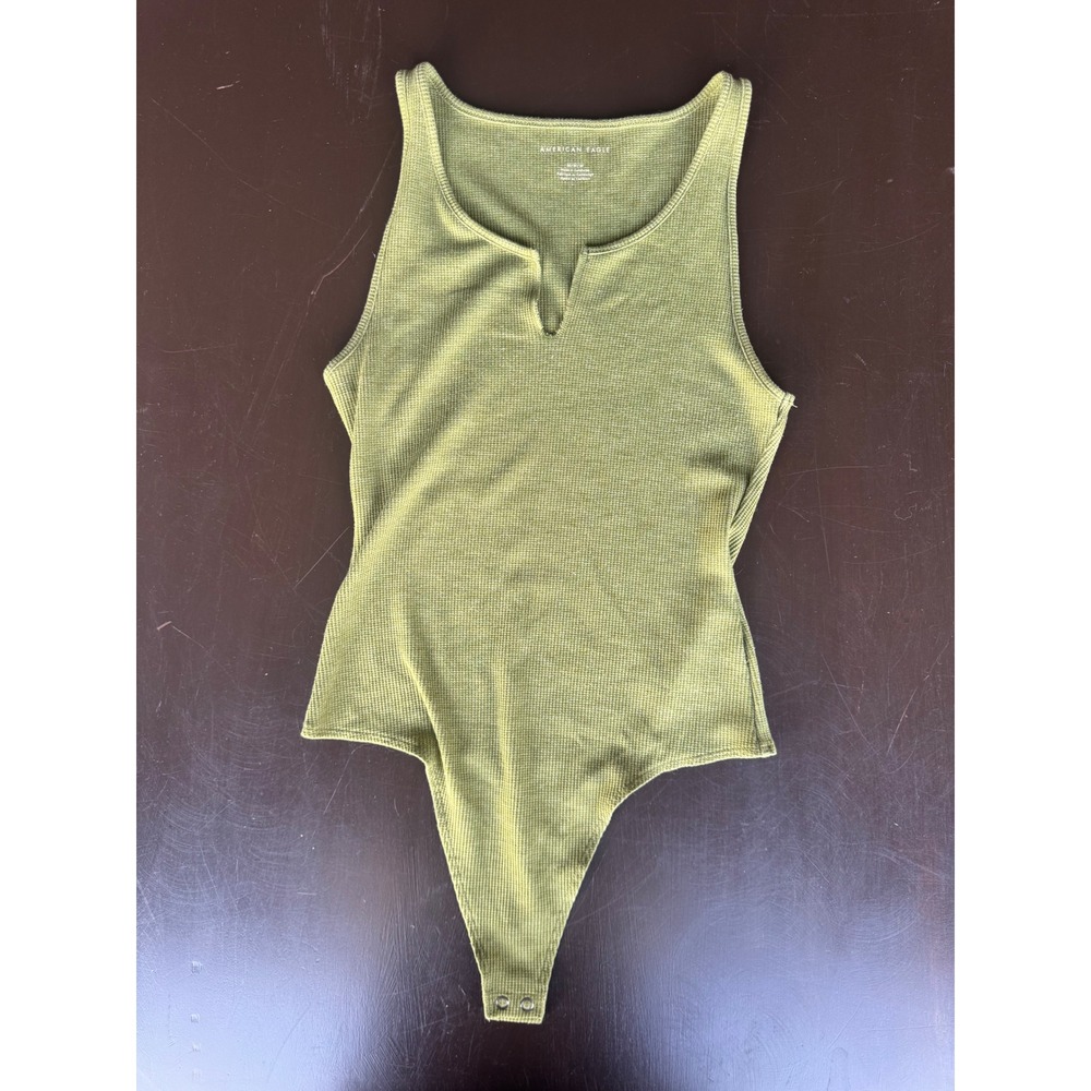 American Eagle Olive Green Waffle Knit Notched Neck Bodysuit Medium